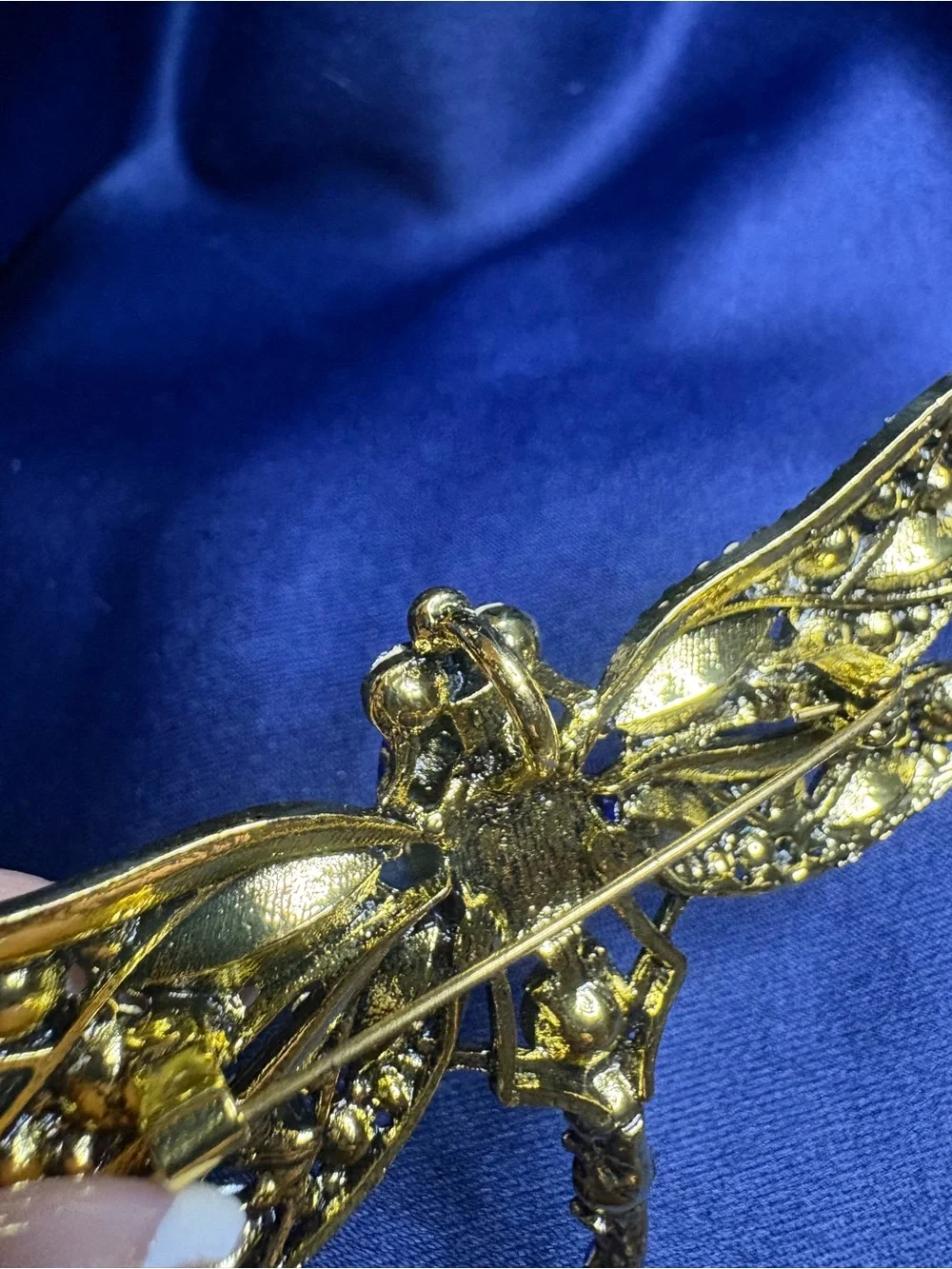Brooch Dragon Fly Deep Royal Blue Tones Rhinestones Gold Setting Statement